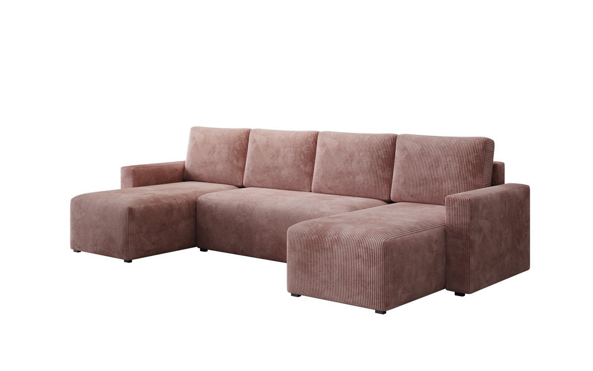 Luxuriöses Designer U-Sofa Melva mit Schlaffunktion, Cord Bezug & Stauraum
