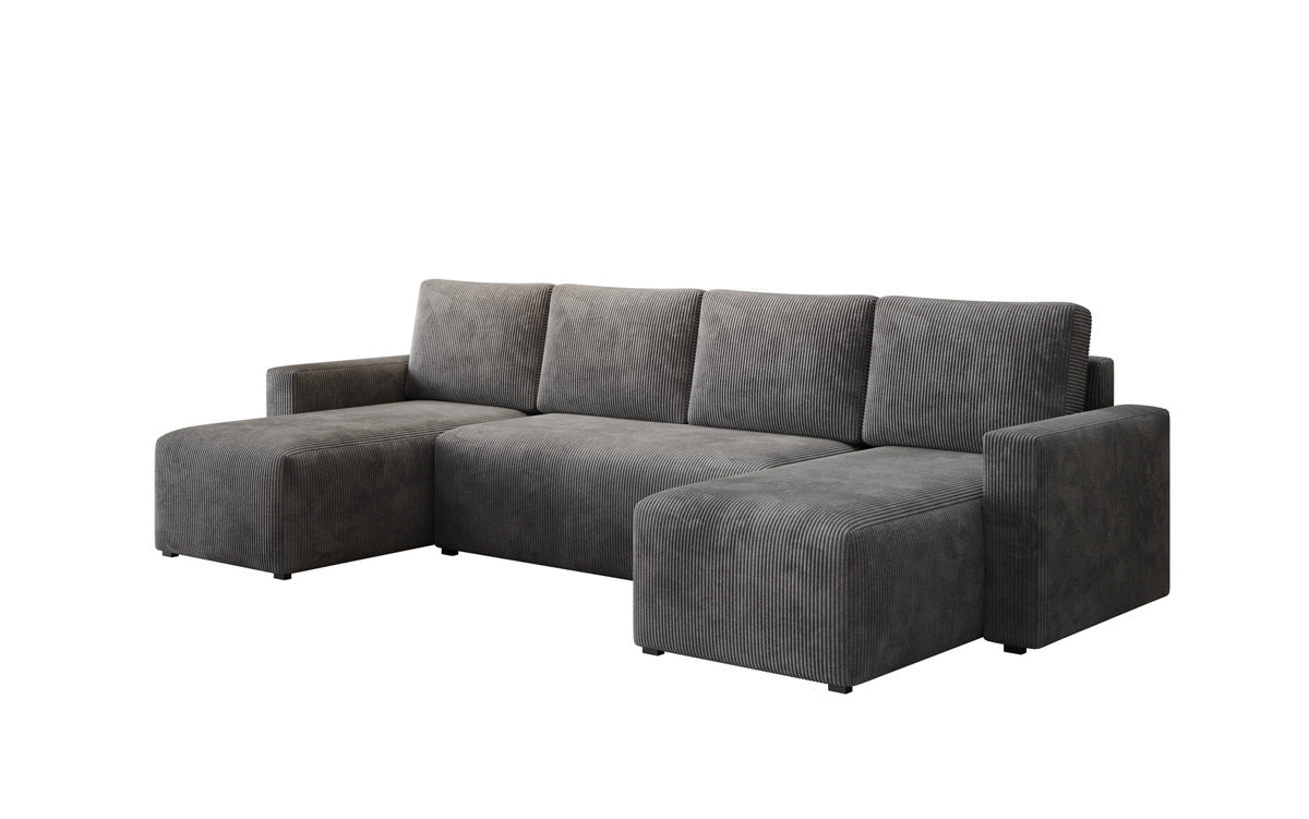 Luxuriöses Designer U-Sofa Melva mit Schlaffunktion, Cord Bezug & Stauraum