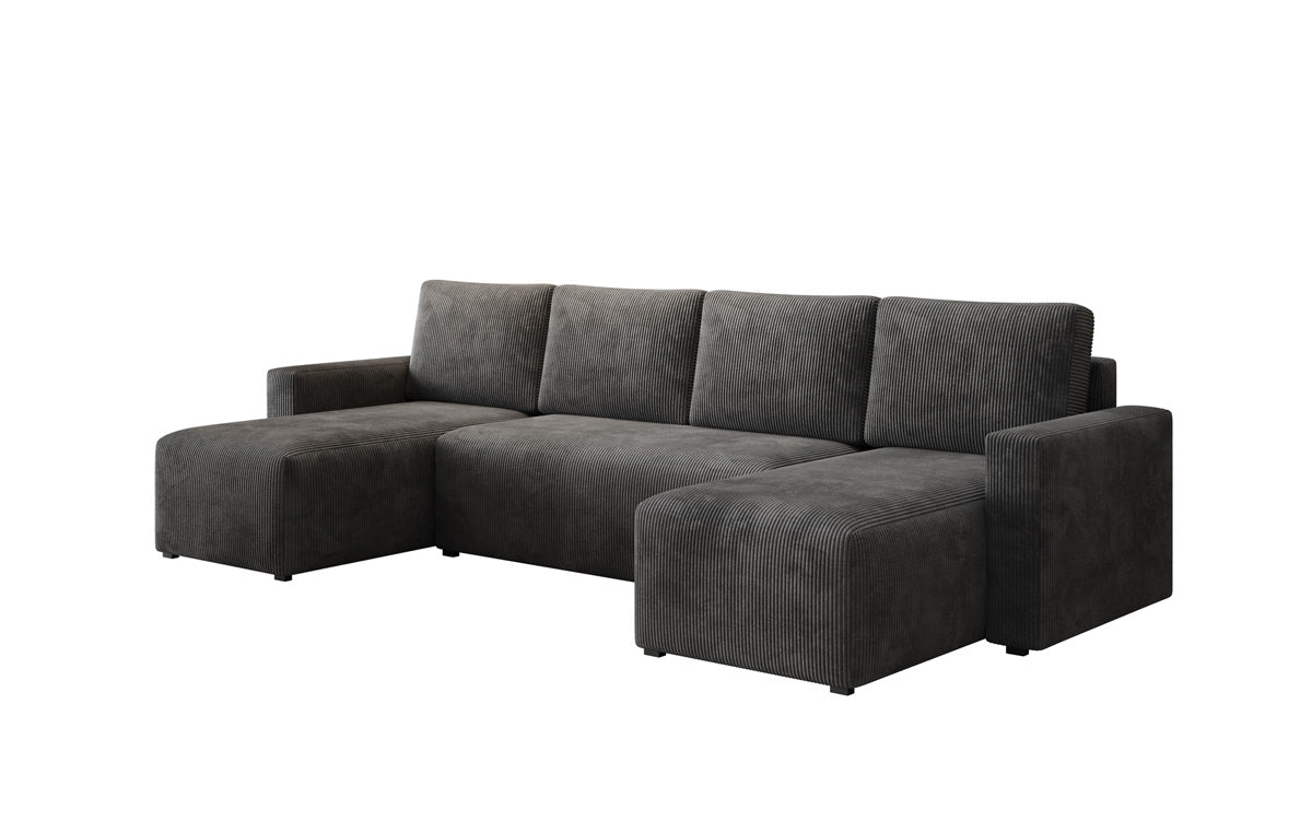 Luxuriöses Designer U-Sofa Melva mit Schlaffunktion, Cord Bezug & Stauraum