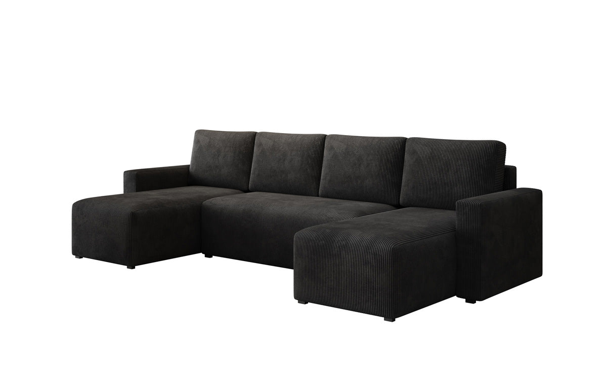 Luxuriöses Designer U-Sofa Melva mit Schlaffunktion, Cord Bezug & Stauraum