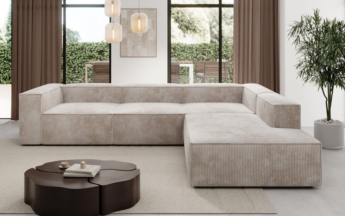 Luxuriöses Cord Ecksofa Lesley L mit langer Ottomane – Vielseitig & Modern