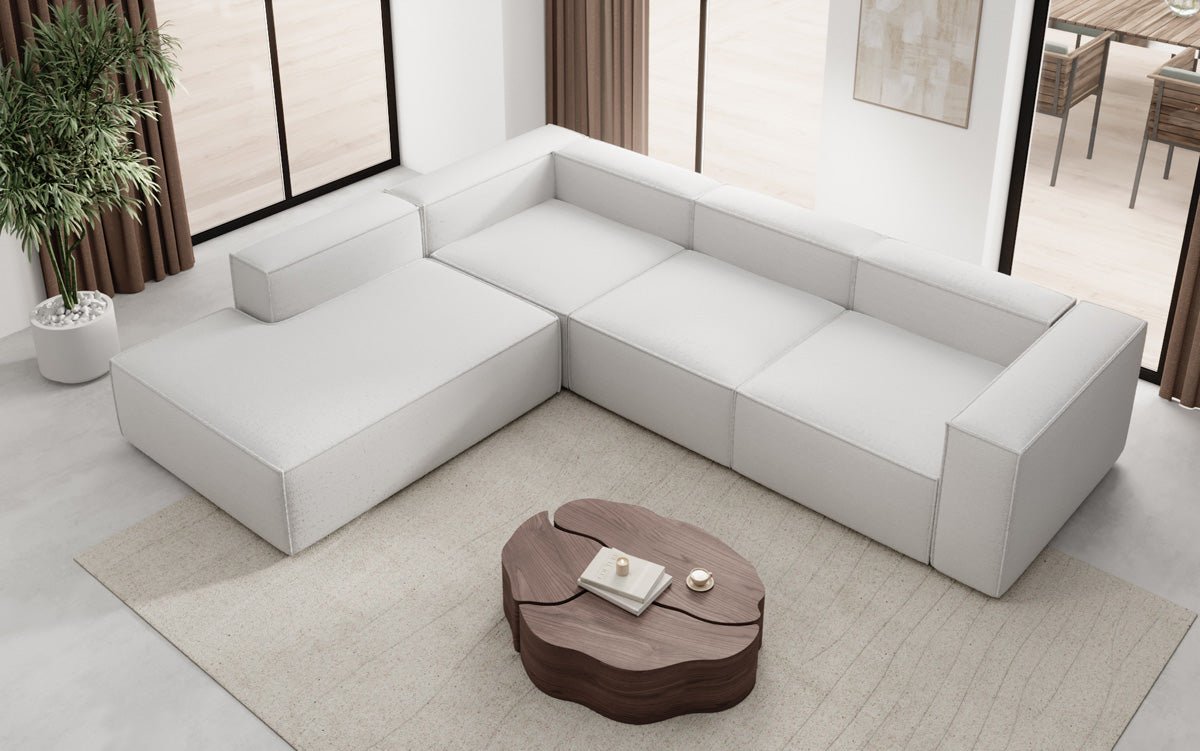 Luxuriöses Designer L-Sofa Lesley mit langer Ottomane – Modern, Komfortabel, Bouclé-Stoff