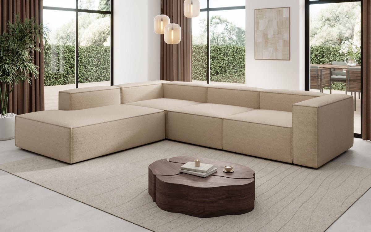 Luxuriöses Designer L-Sofa Lesley mit langer Ottomane – Modern, Komfortabel, Bouclé-Stoff