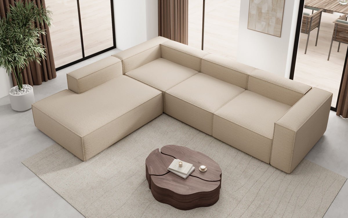 Luxuriöses Designer L-Sofa Lesley mit langer Ottomane – Modern, Komfortabel, Bouclé-Stoff