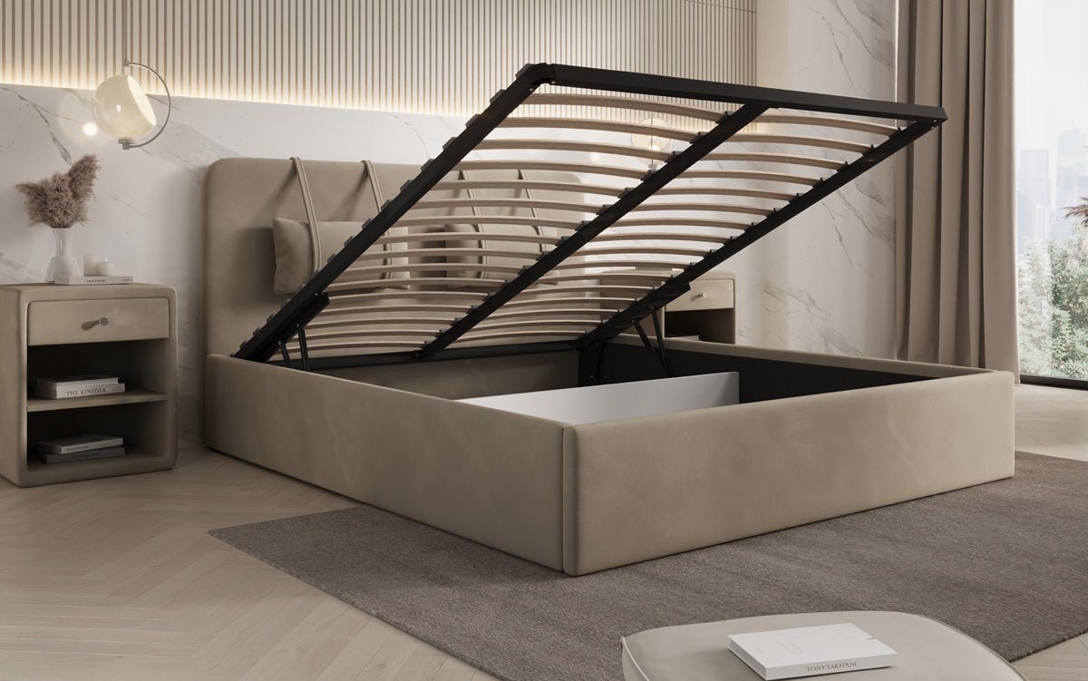 Designer Samt Polsterbett Alma mit Stauraum – Luxus für Ihr Schlafzimmer