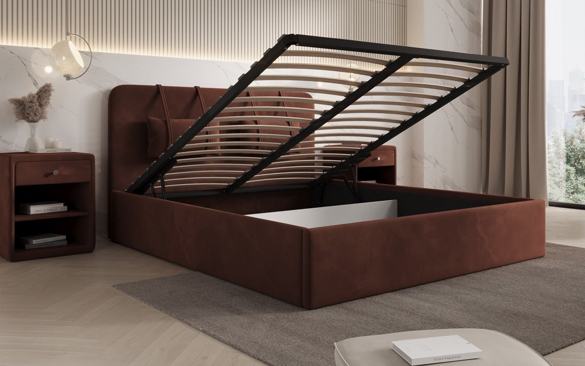 Designer Samt Polsterbett Alma mit Stauraum – Luxus für Ihr Schlafzimmer