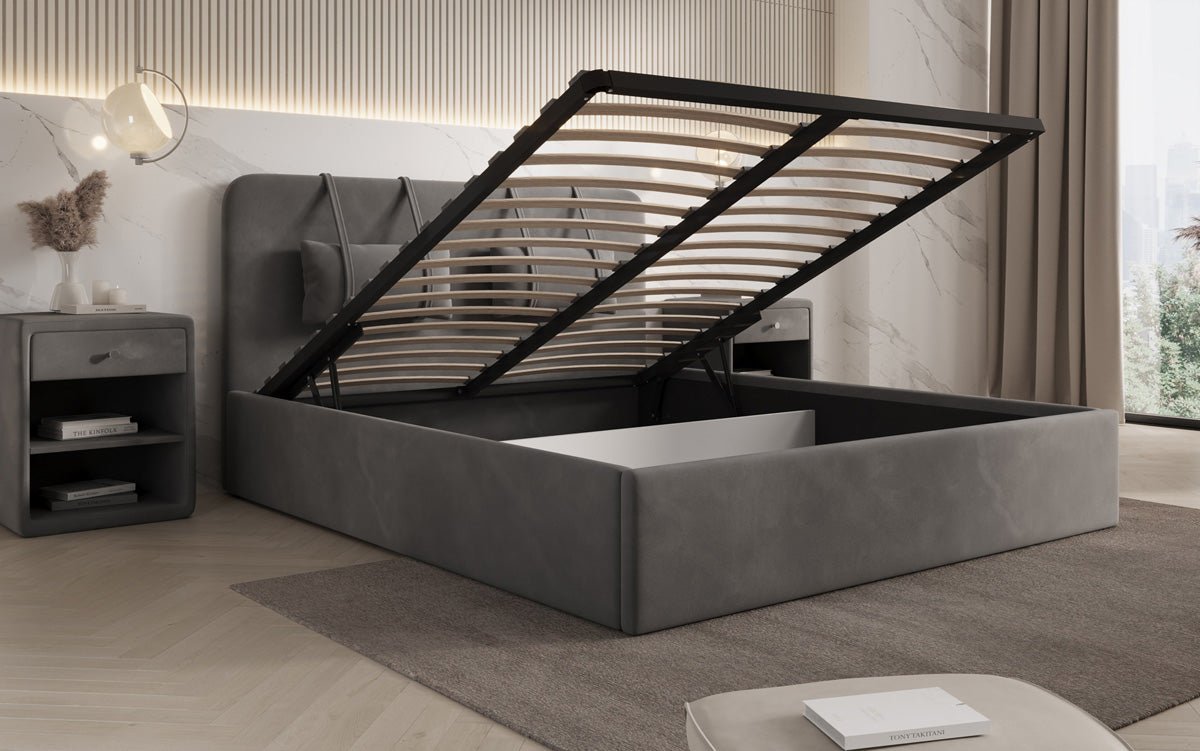 Designer Samt Polsterbett Alma mit Stauraum – Luxus für Ihr Schlafzimmer