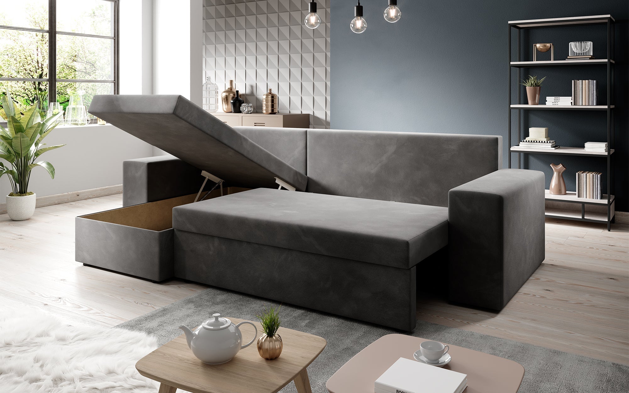 Denver Bouclé Schlafsofa: Elegantes, vielseitiges Design mit Klappfunktion für Komfort