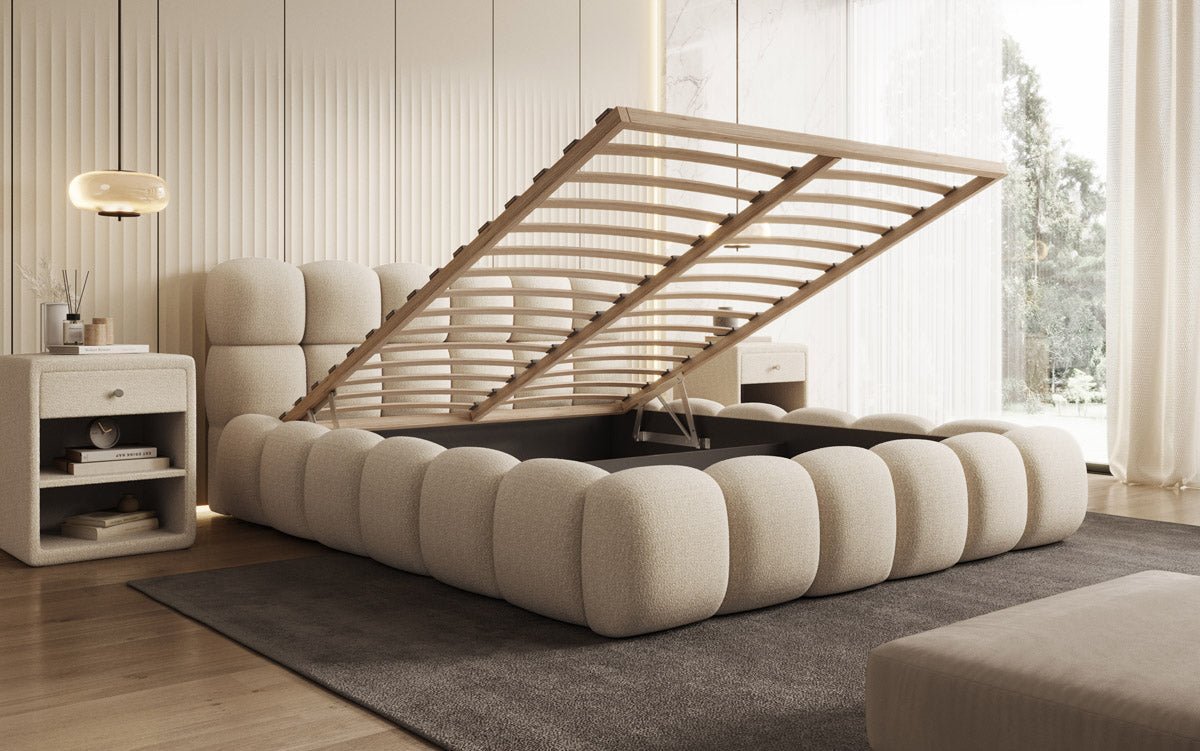 Designer Polsterbett Boston Bouclé mit Stauraum, Samtbezug, moderne Optik