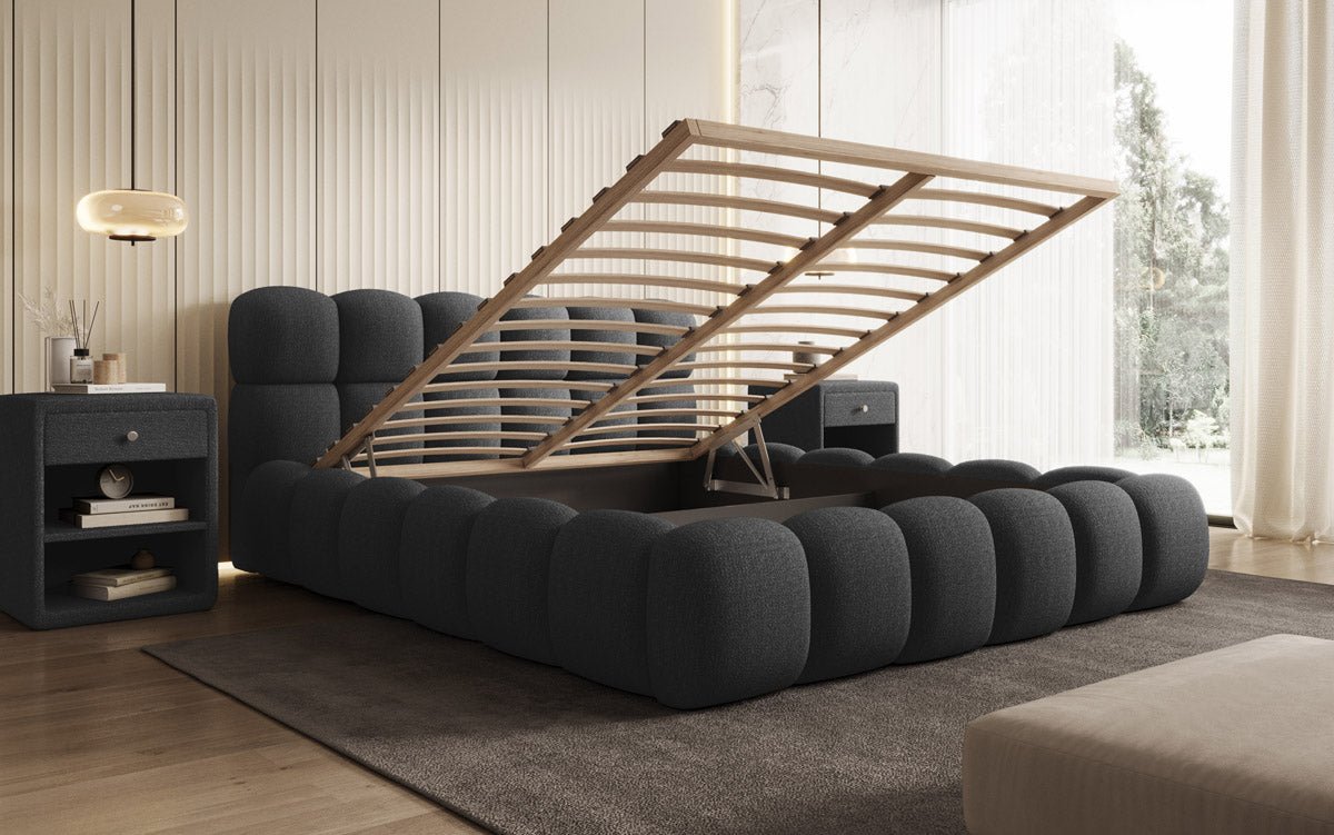 Designer Polsterbett Boston Bouclé mit Stauraum, Samtbezug, moderne Optik