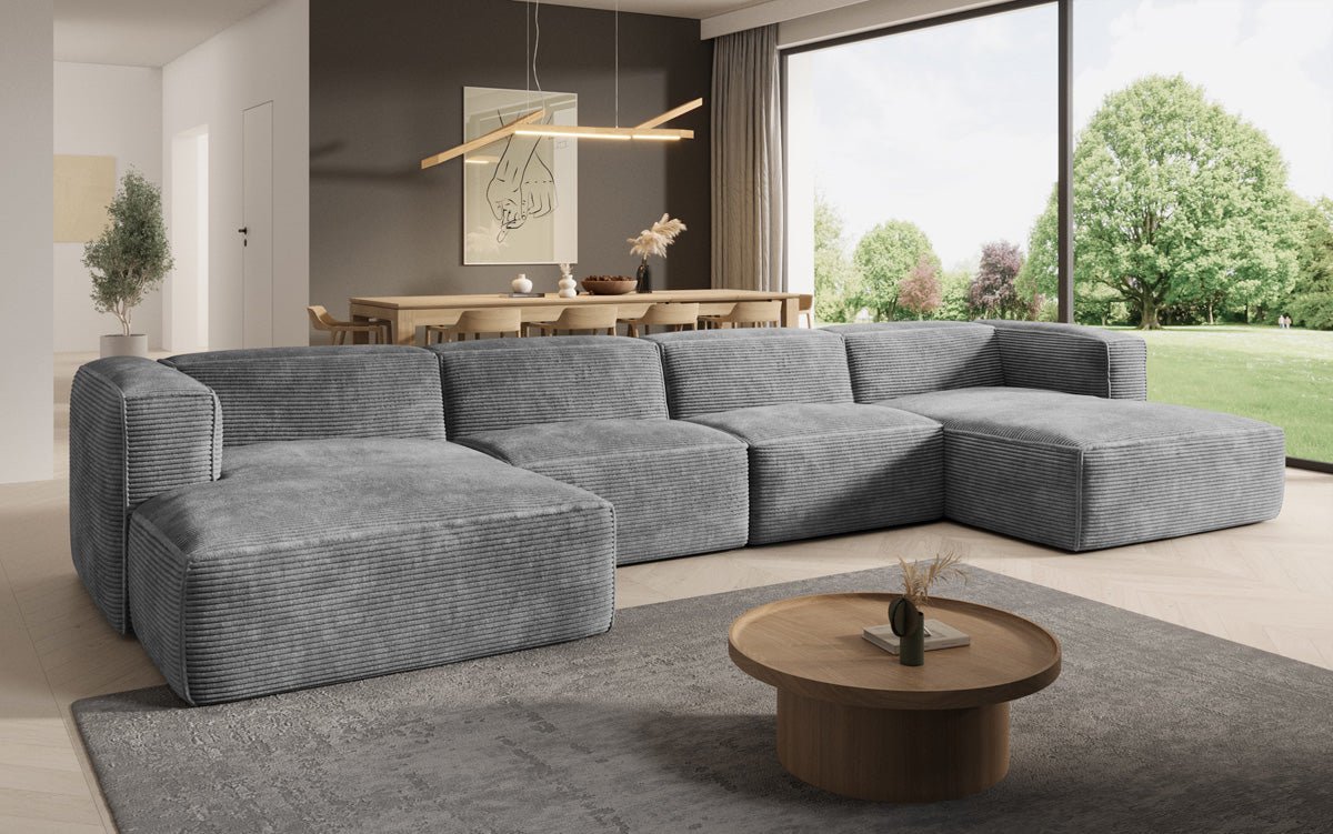 Gemütliches U-förmiges Cord-Sofa: Luxuriöser Komfort mit Schlaffunktion und Stauraum