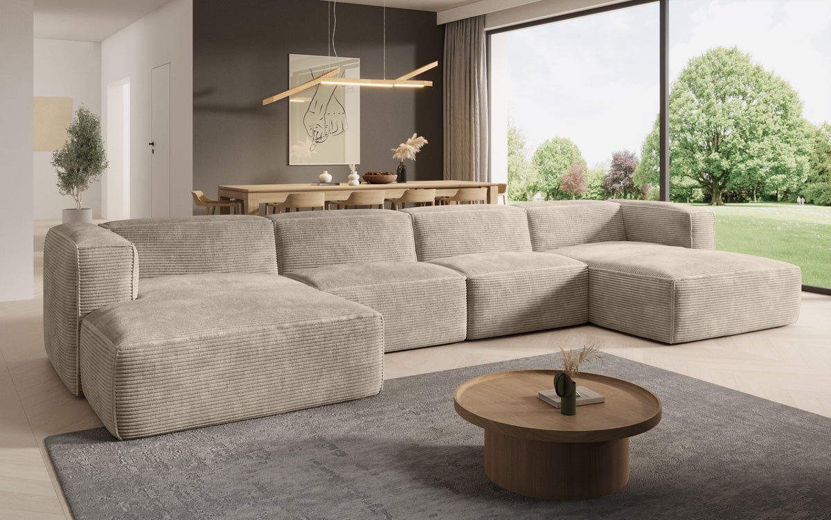 Gemütliches U-förmiges Cord-Sofa: Luxuriöser Komfort mit Schlaffunktion und Stauraum