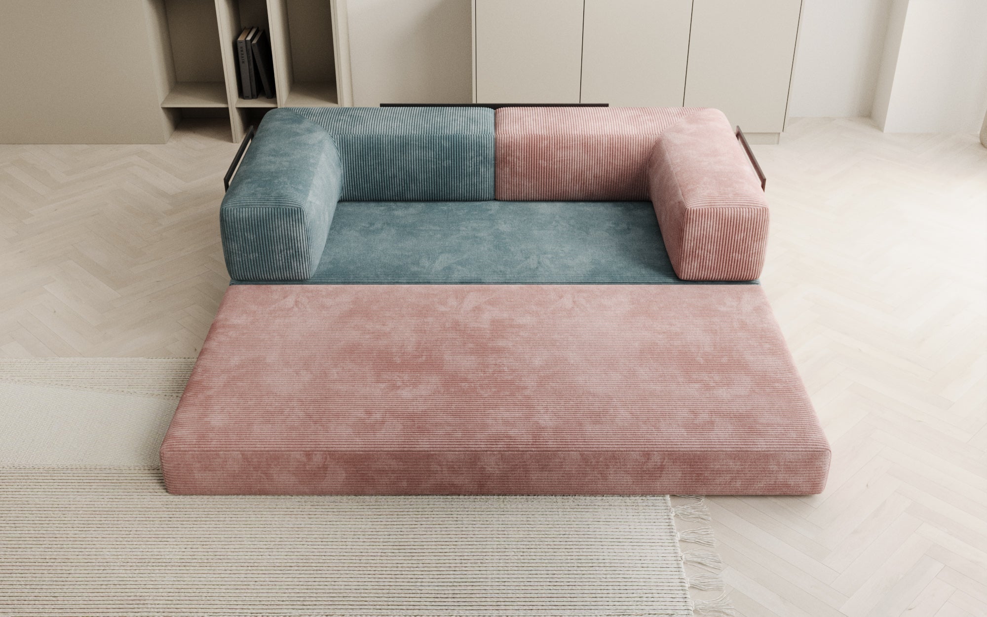 Luxuriöses 3-Sitzer Schlafsofa: Bequemes Cord-Design mit Stauraum in Bubblegum