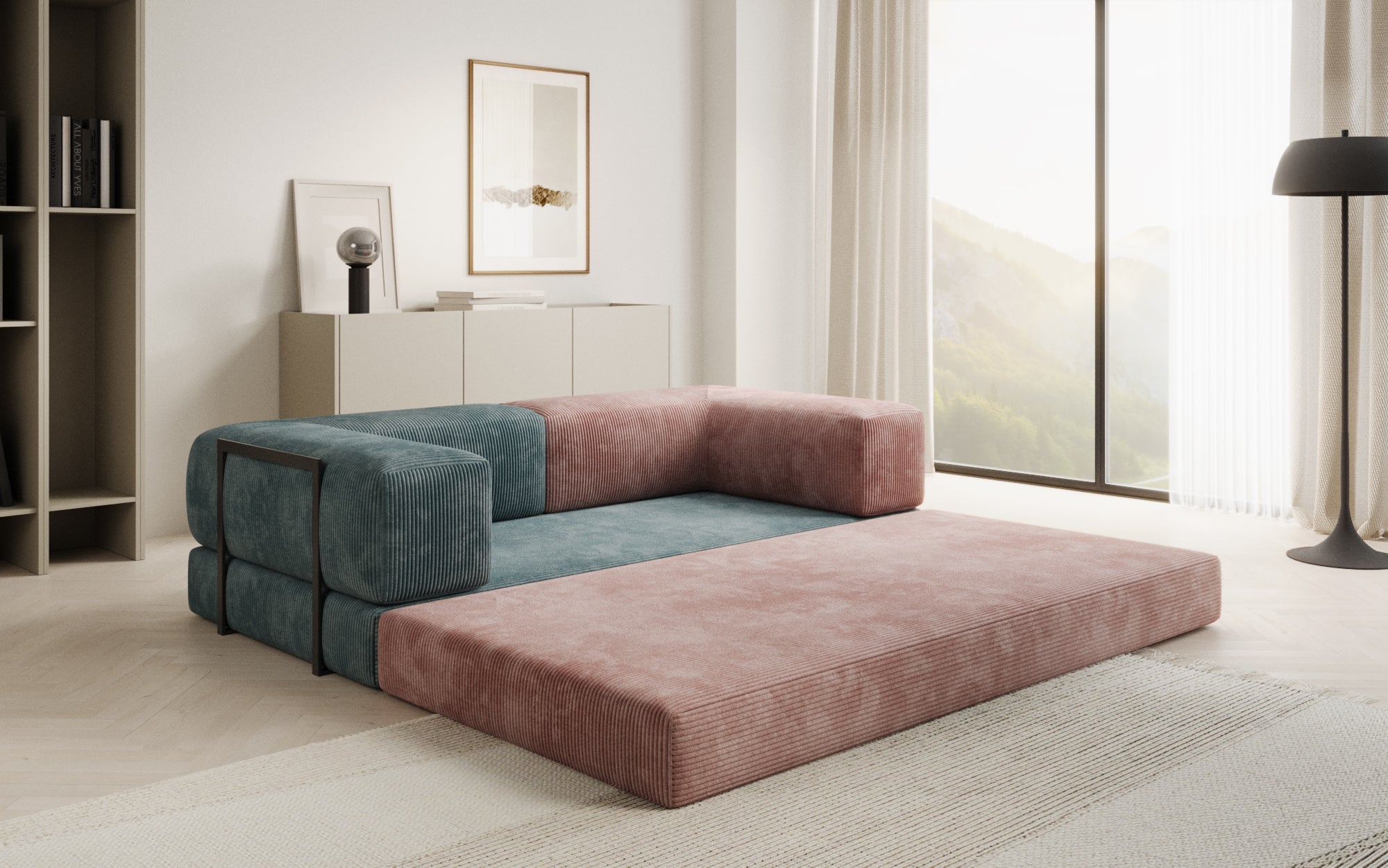 Luxuriöses 3-Sitzer Schlafsofa: Bequemes Cord-Design mit Stauraum in Bubblegum
