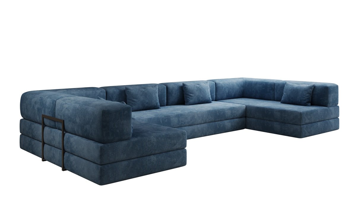 Gemütliches U-Form Cord Designersofa mit Schlaffunktion und praktischem Stauraum