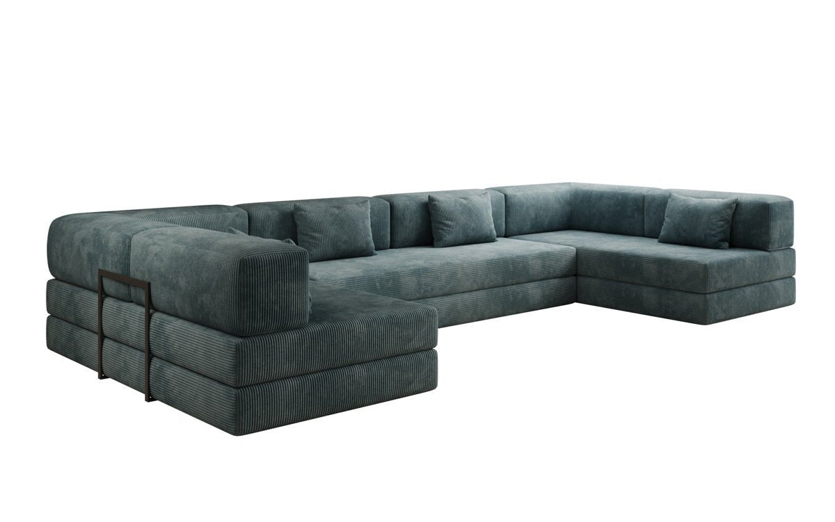 Gemütliches U-Form Cord Designersofa mit Schlaffunktion und praktischem Stauraum