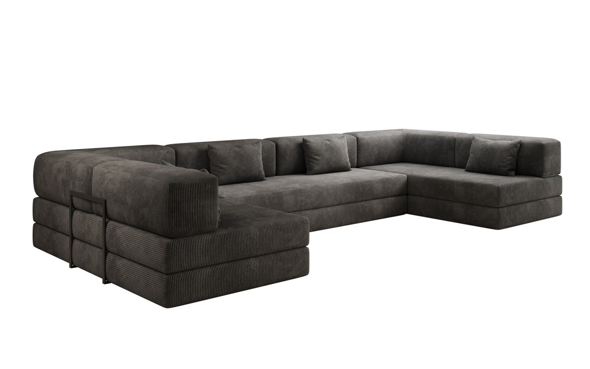 Gemütliches U-Form Cord Designersofa mit Schlaffunktion und praktischem Stauraum