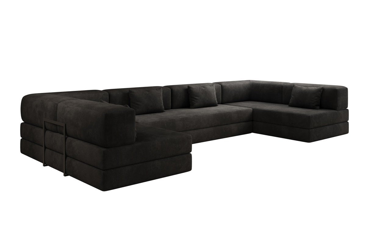 Gemütliches U-Form Cord Designersofa mit Schlaffunktion und praktischem Stauraum