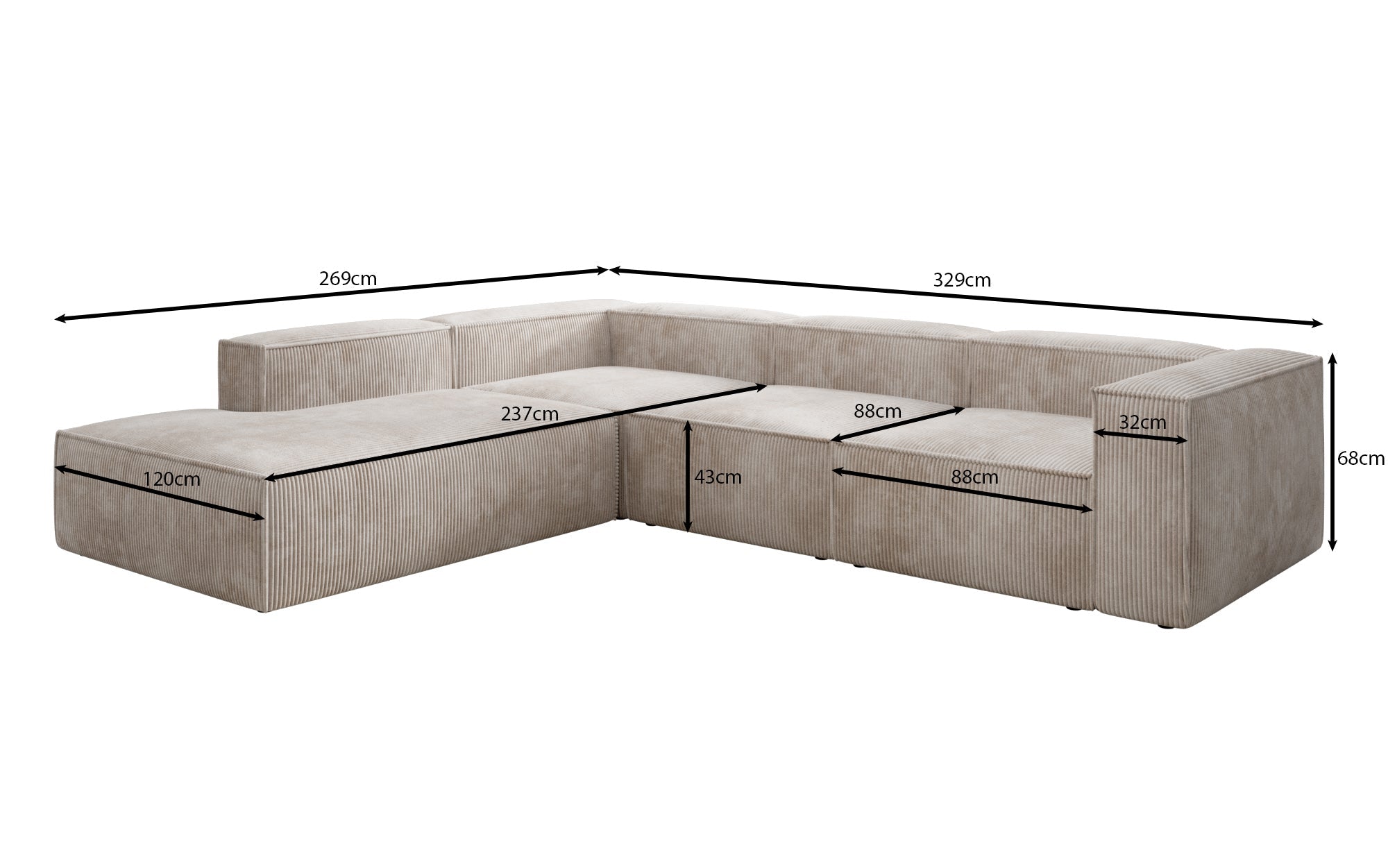 Luxuriöses Cord Ecksofa Lesley L mit langer Ottomane – Vielseitig & Modern