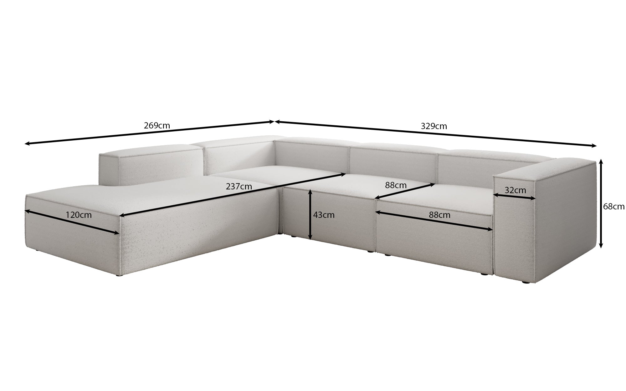 Luxuriöses L-Form Bouclé Designer Sofa Lesley L mit Langer Ottomane