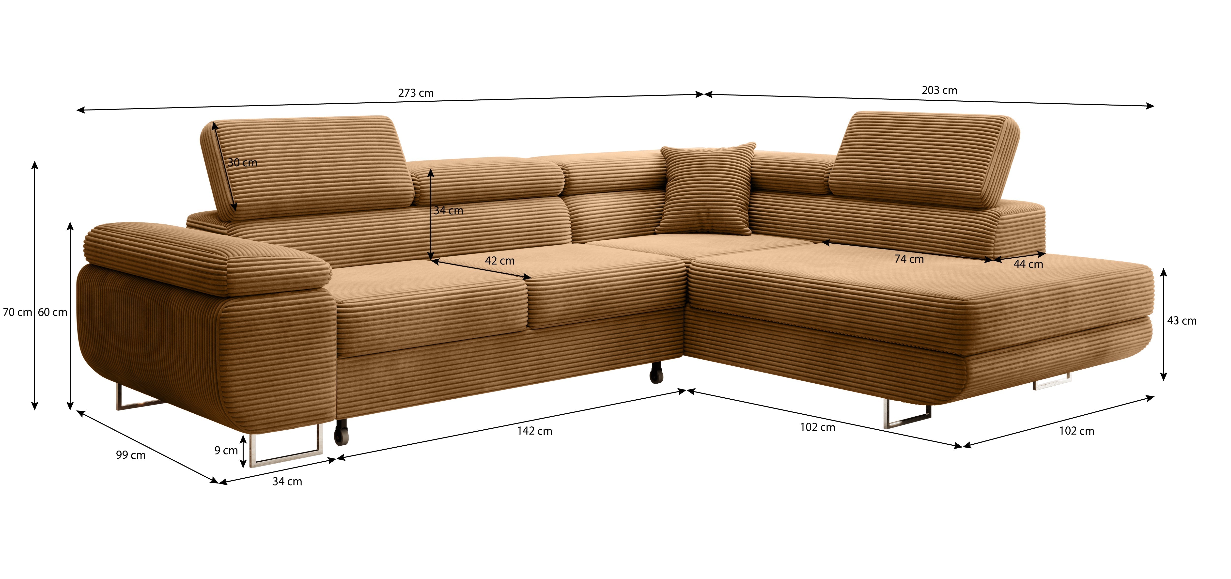 Designer Ecksofa Aston: Schlaf- und Klappfunktion, Cord-Bezug, Stauraum
