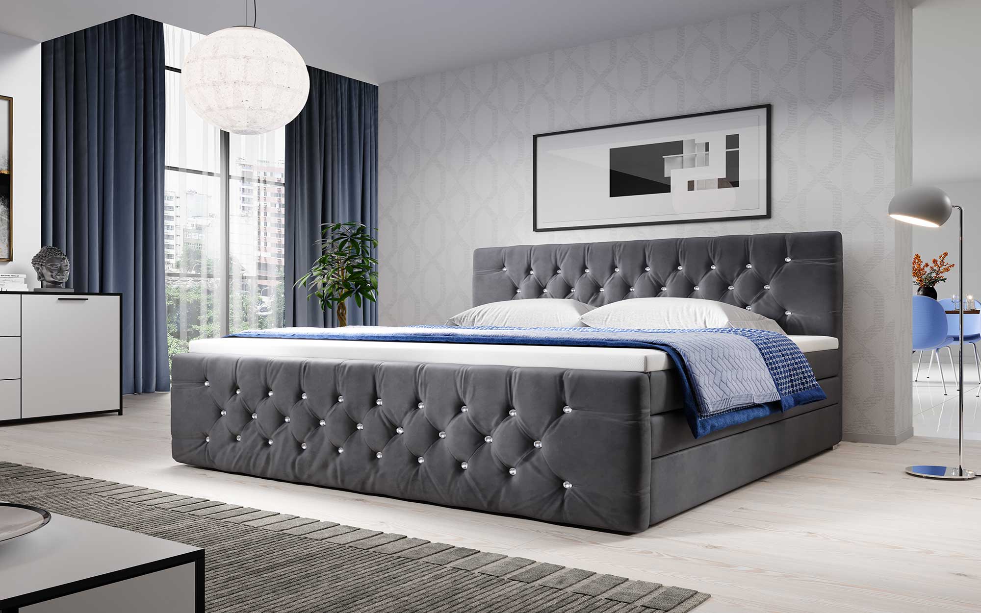 Luxuriöses Nobile Boxspringbett mit Strass, Samtbezug und Stauraum – Königlicher Schlafkomfort