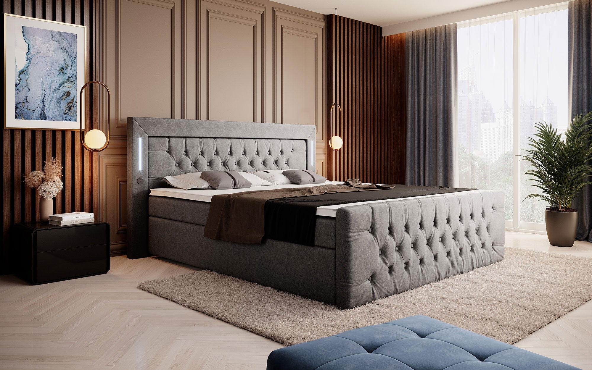 Elegance Boxspringbett Samt LED USB – Luxus Schlafzimmer mit Stauraum