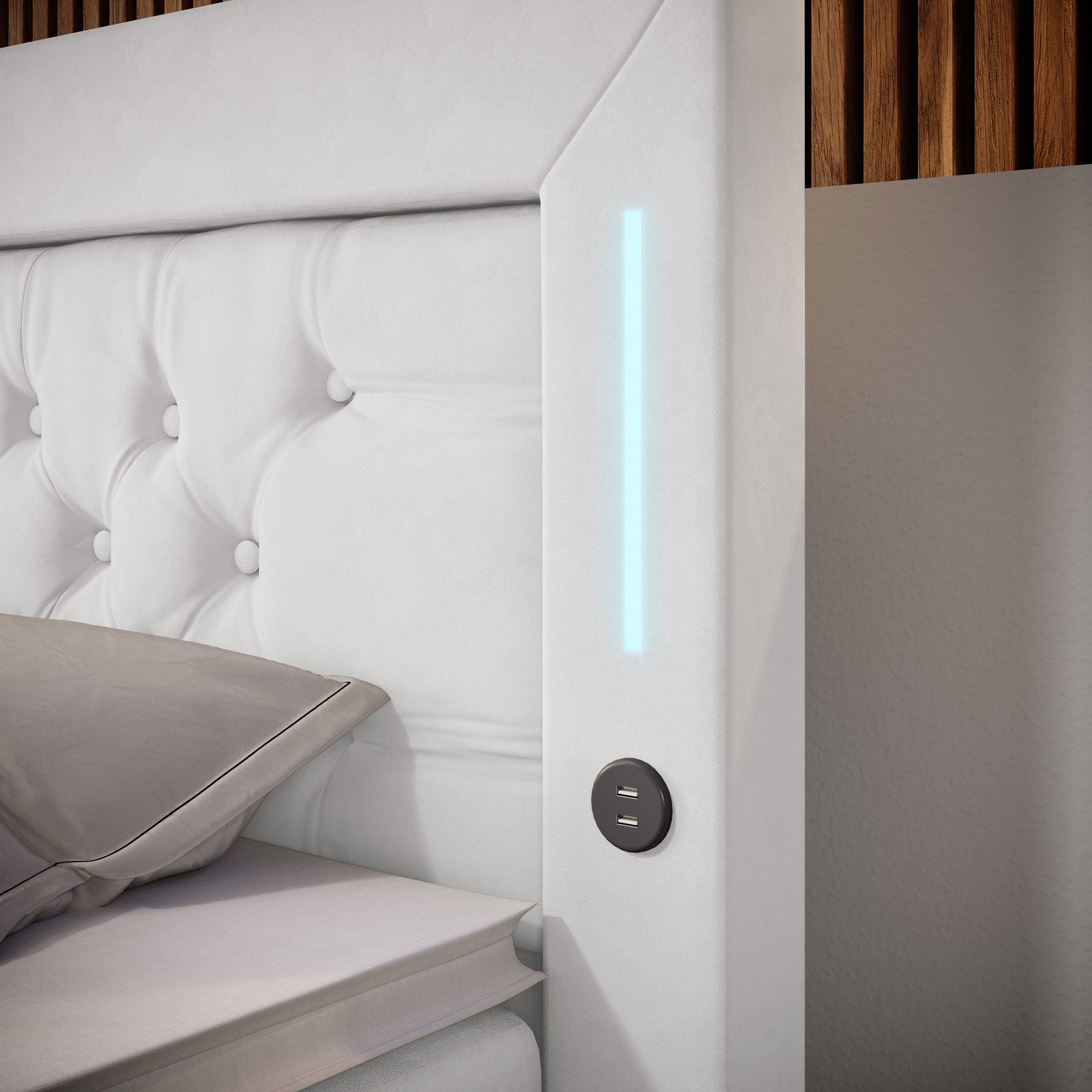 Diva Boxspringbett mit Samtbezug, LED-Beleuchtung, USB & Stauraum-Schubladen