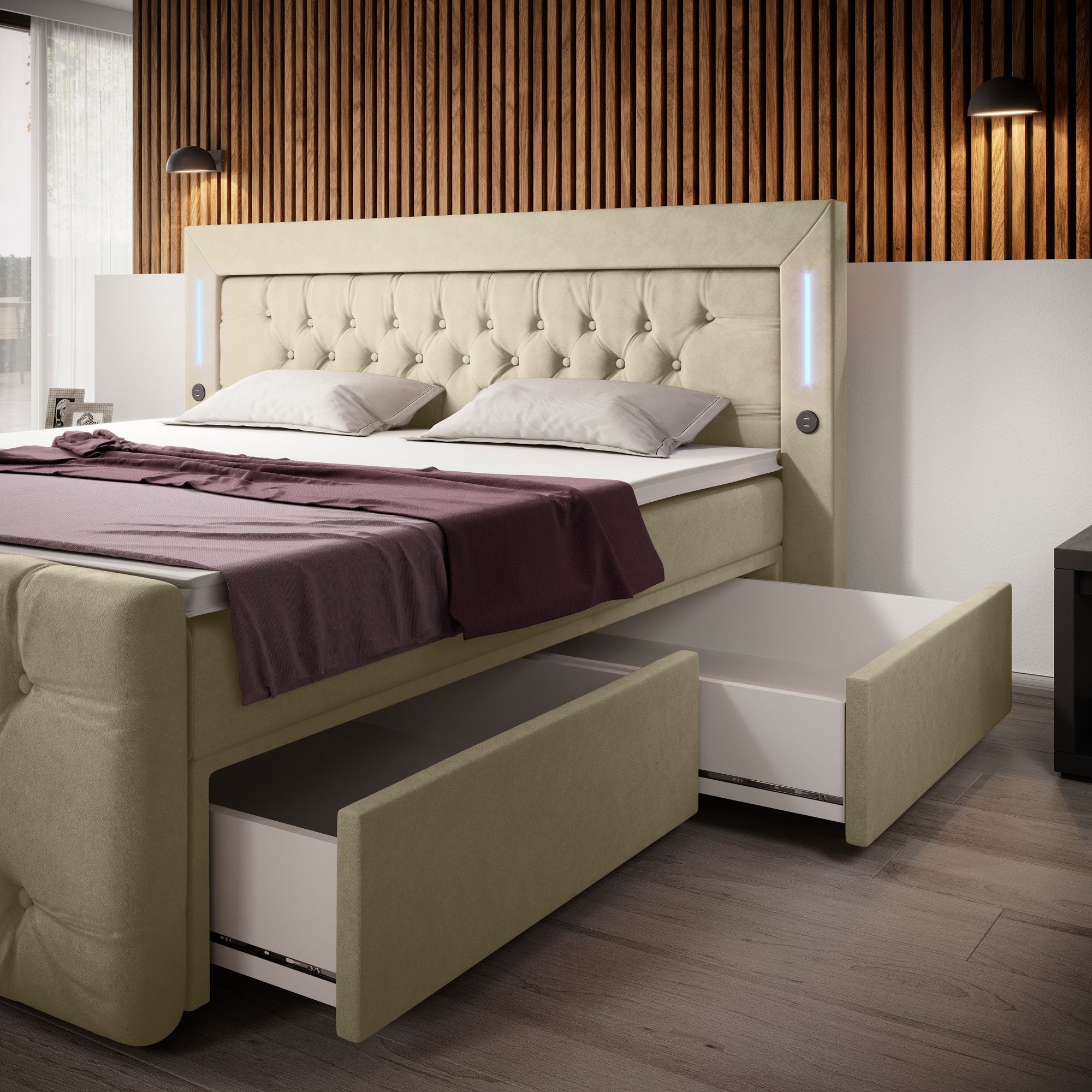 Diva Boxspringbett mit Samtbezug, LED-Beleuchtung, USB & Stauraum-Schubladen