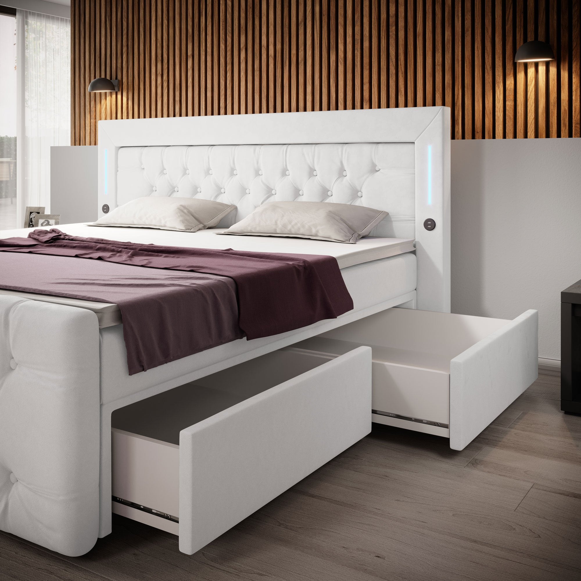 Diva Boxspringbett mit Samtbezug, LED-Beleuchtung, USB & Stauraum-Schubladen