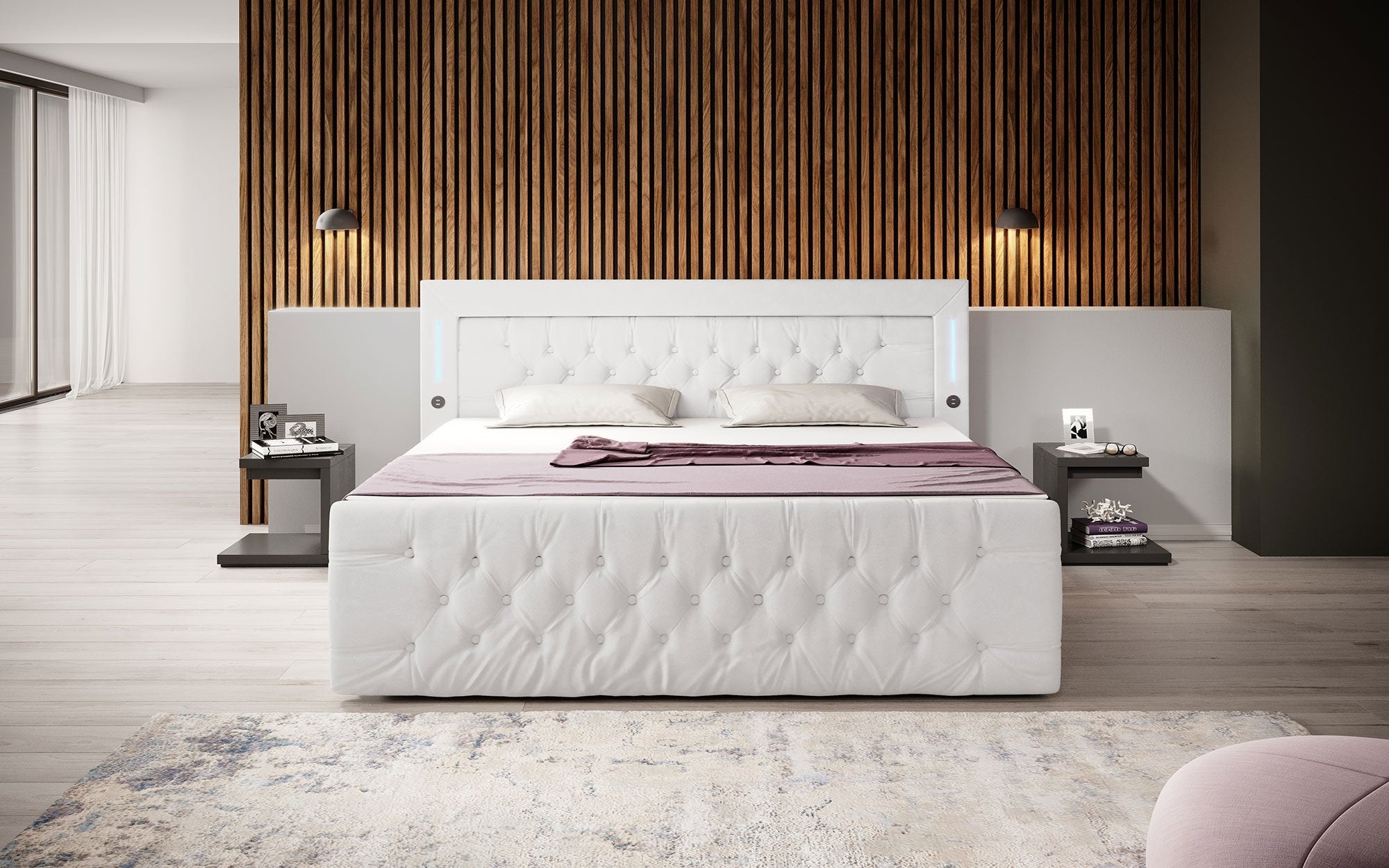 Diva Boxspringbett mit Samtbezug, LED-Beleuchtung, USB & Stauraum-Schubladen