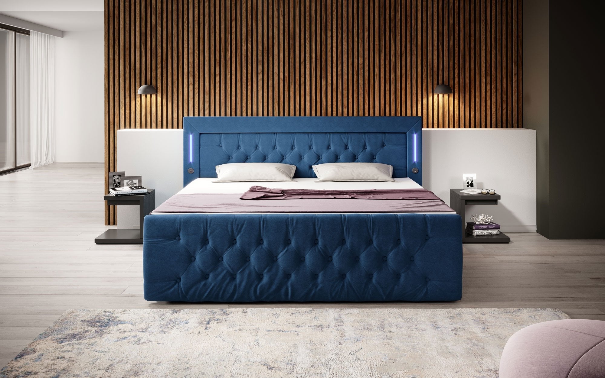 Diva Boxspringbett mit Samtbezug, LED-Beleuchtung, USB & Stauraum-Schubladen