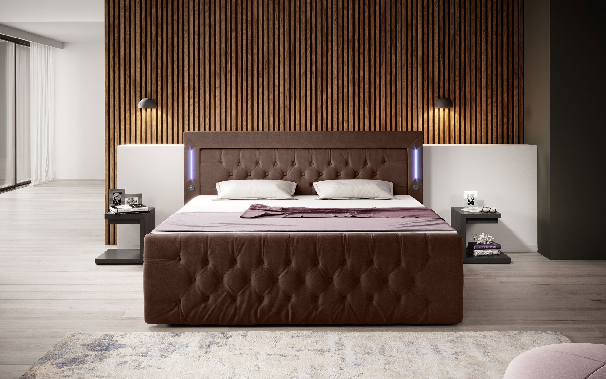 Diva Boxspringbett mit Samtbezug, LED-Beleuchtung, USB & Stauraum-Schubladen