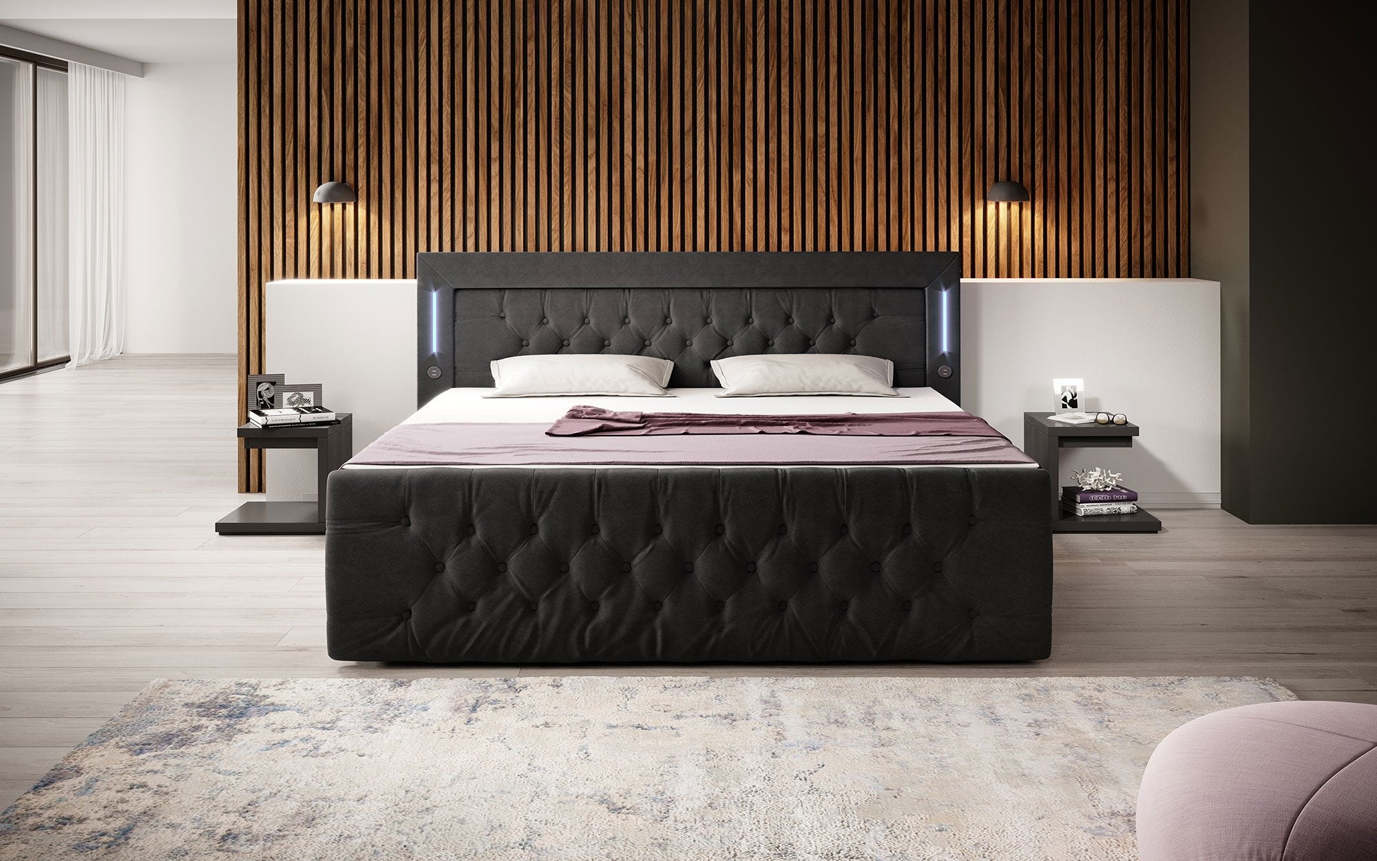 Diva Boxspringbett mit Samtbezug, LED-Beleuchtung, USB & Stauraum-Schubladen