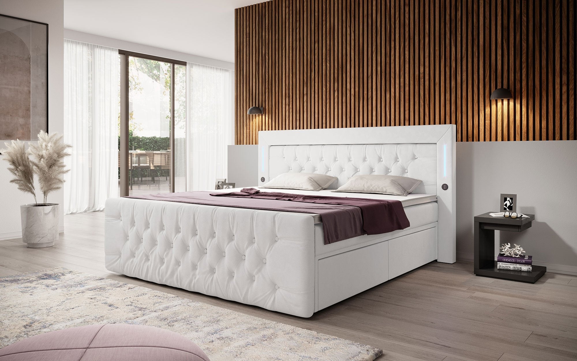 Diva Boxspringbett mit Samtbezug, LED-Beleuchtung, USB & Stauraum-Schubladen