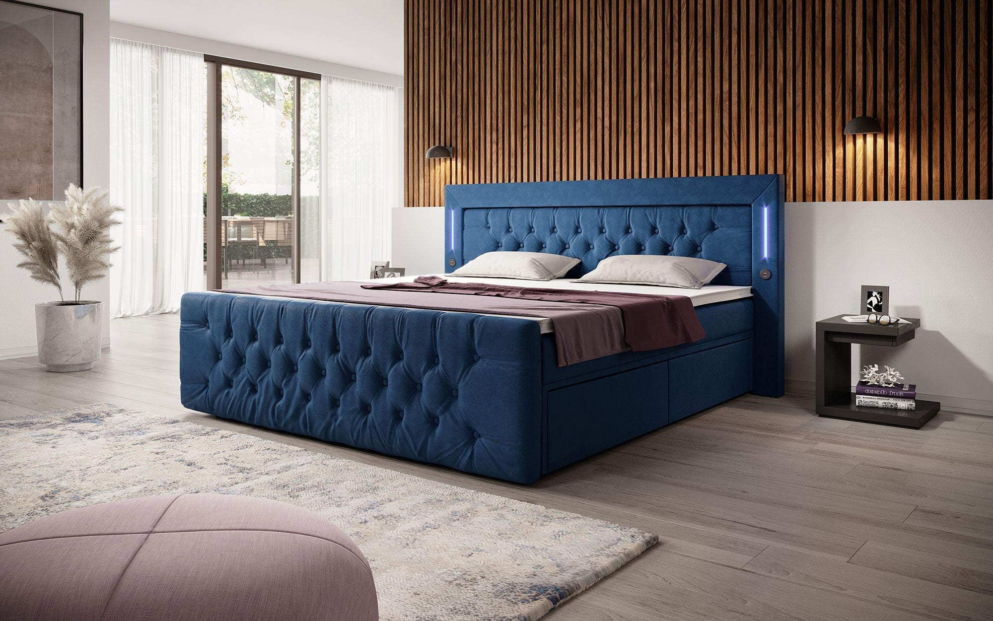 Diva Boxspringbett mit Samtbezug, LED-Beleuchtung, USB & Stauraum-Schubladen
