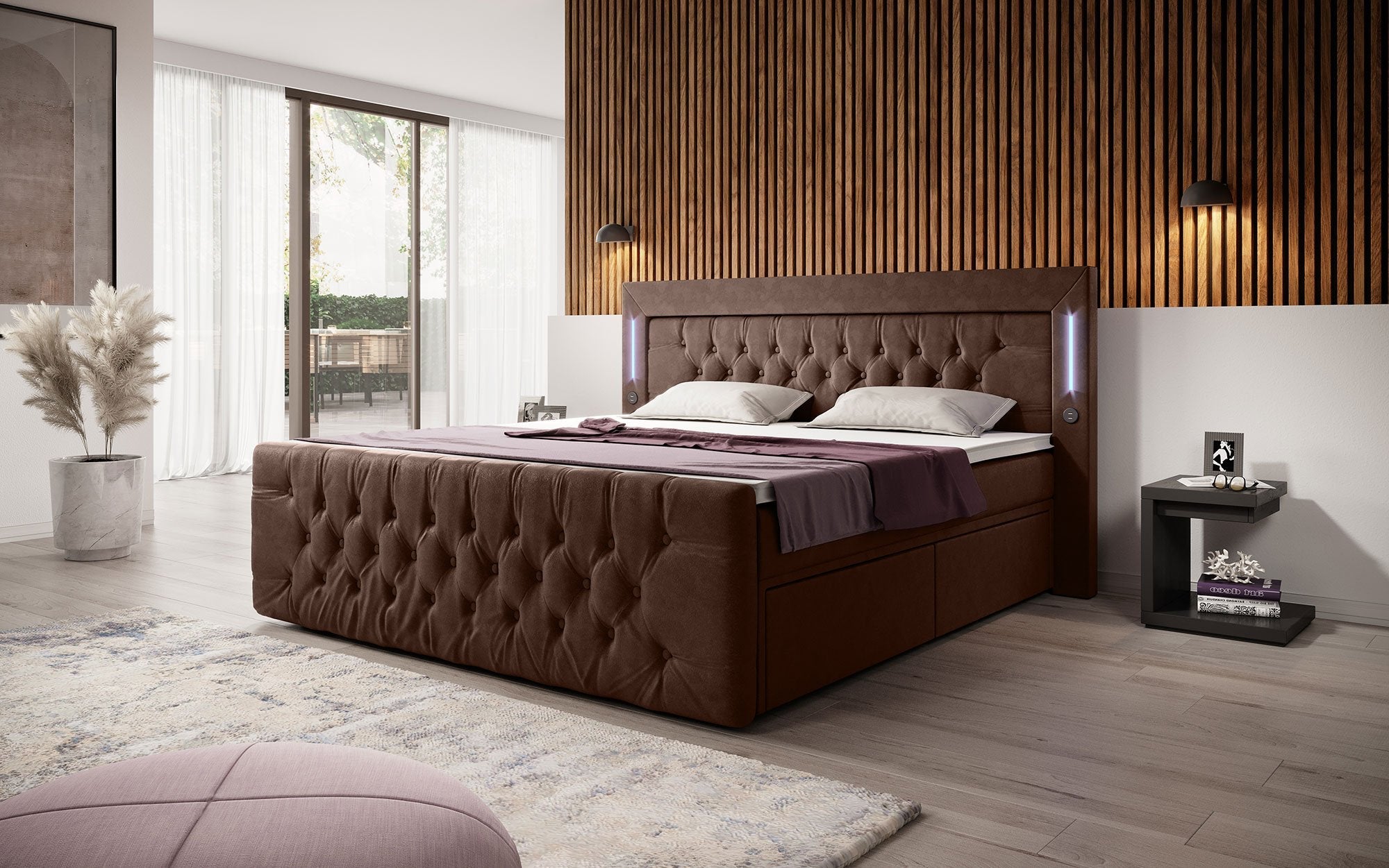 Diva Boxspringbett mit Samtbezug, LED-Beleuchtung, USB & Stauraum-Schubladen