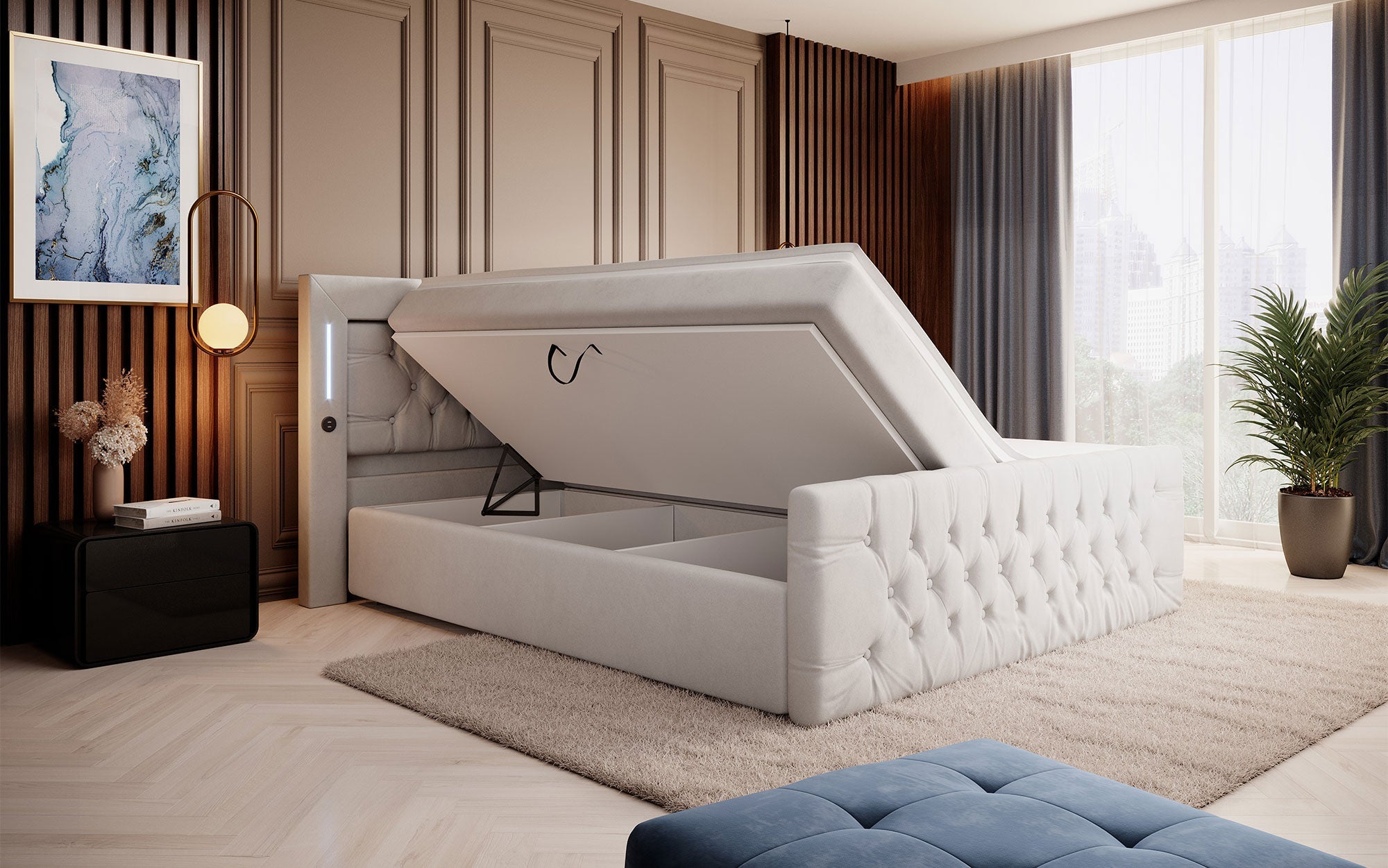 Elegance Boxspringbett Samt LED USB – Luxus Schlafzimmer mit Stauraum