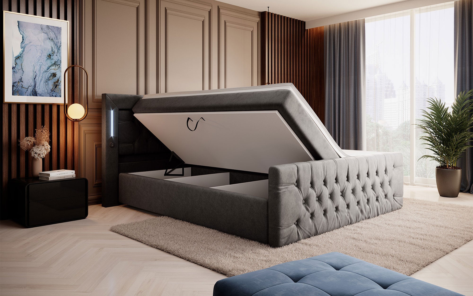 Elegance Boxspringbett Samt LED USB – Luxus Schlafzimmer mit Stauraum