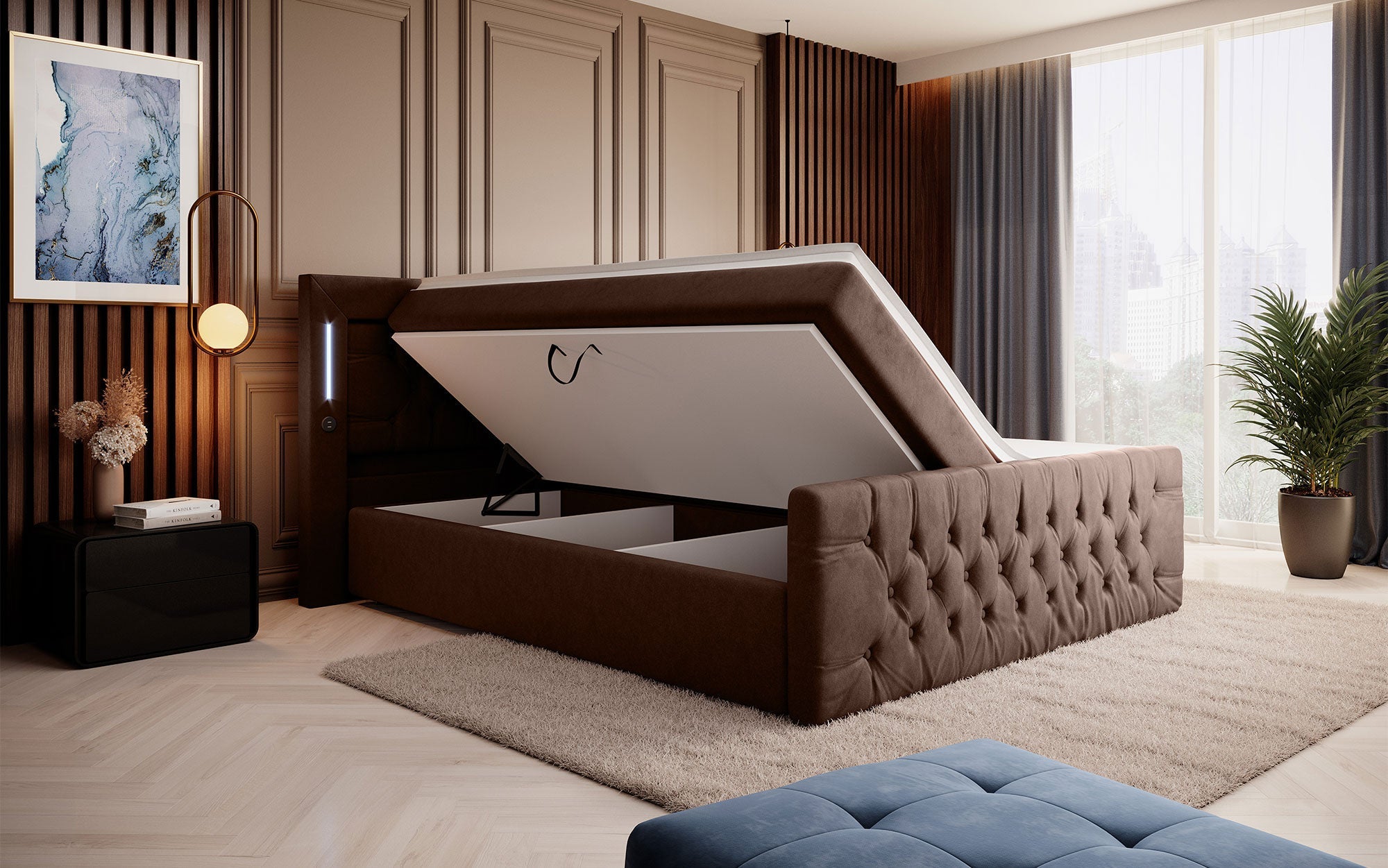 Elegance Boxspringbett Samt LED USB – Luxus Schlafzimmer mit Stauraum