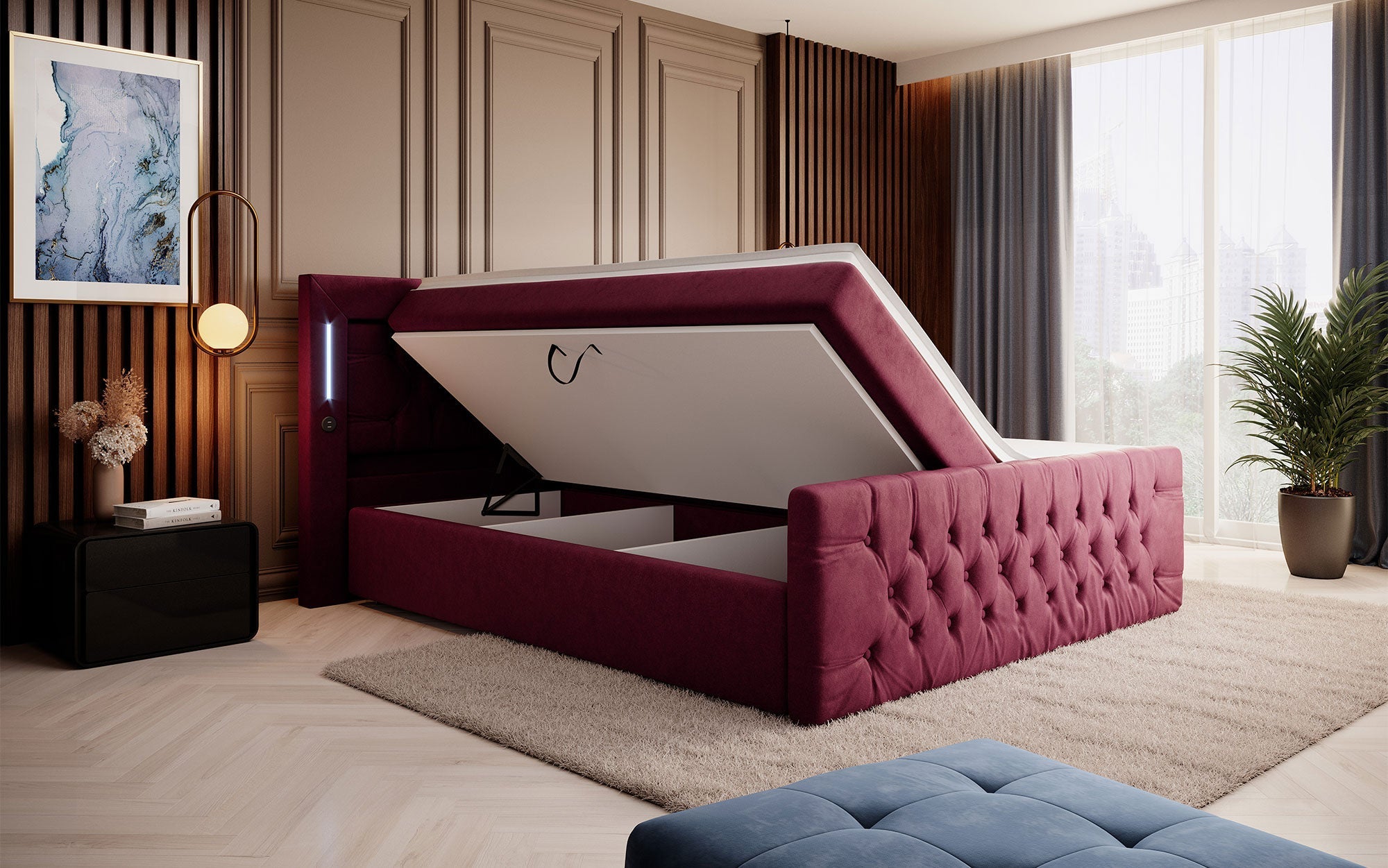 Elegance Boxspringbett Samt LED USB – Luxus Schlafzimmer mit Stauraum