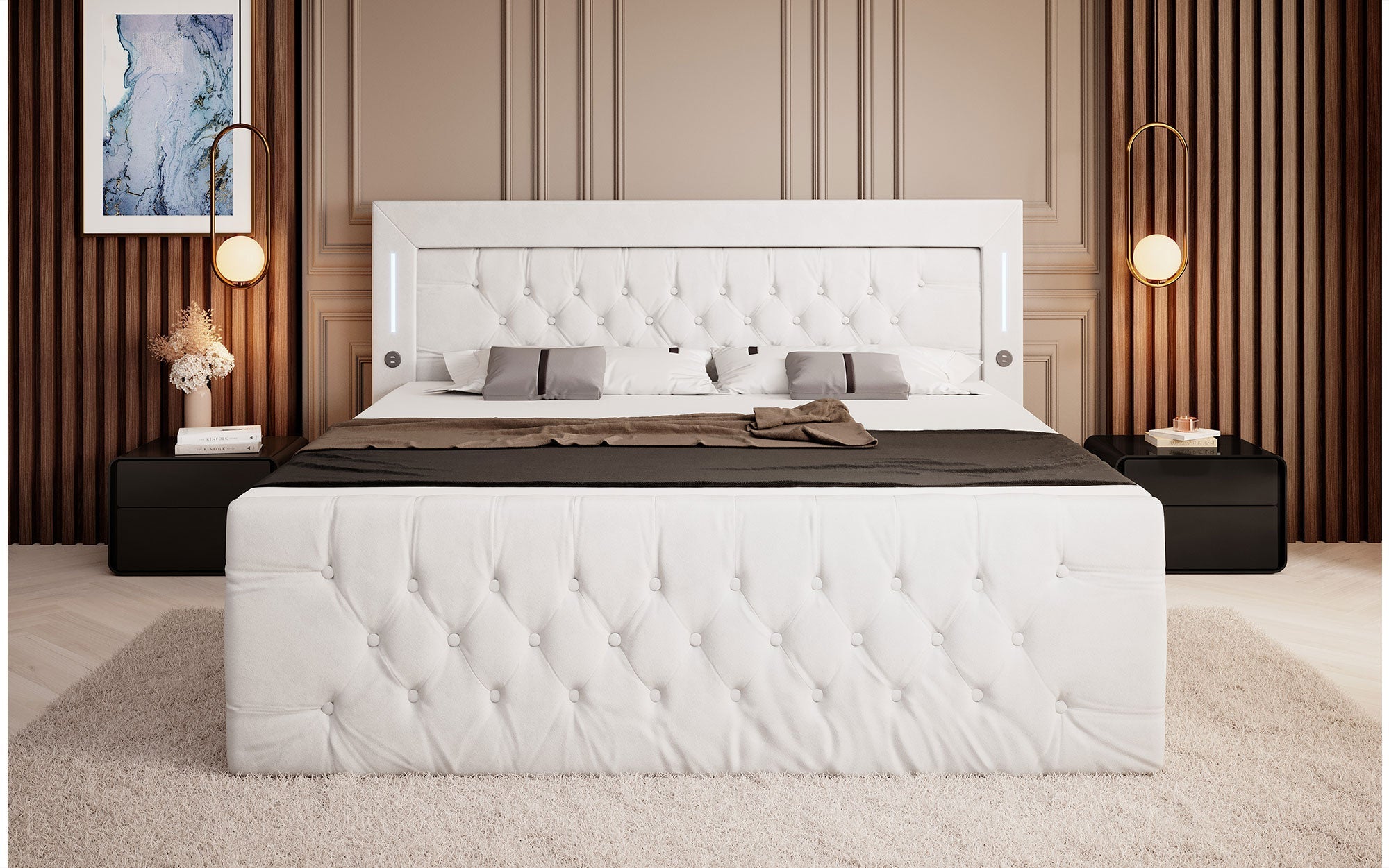 Elegance Boxspringbett Samt LED USB – Luxus Schlafzimmer mit Stauraum