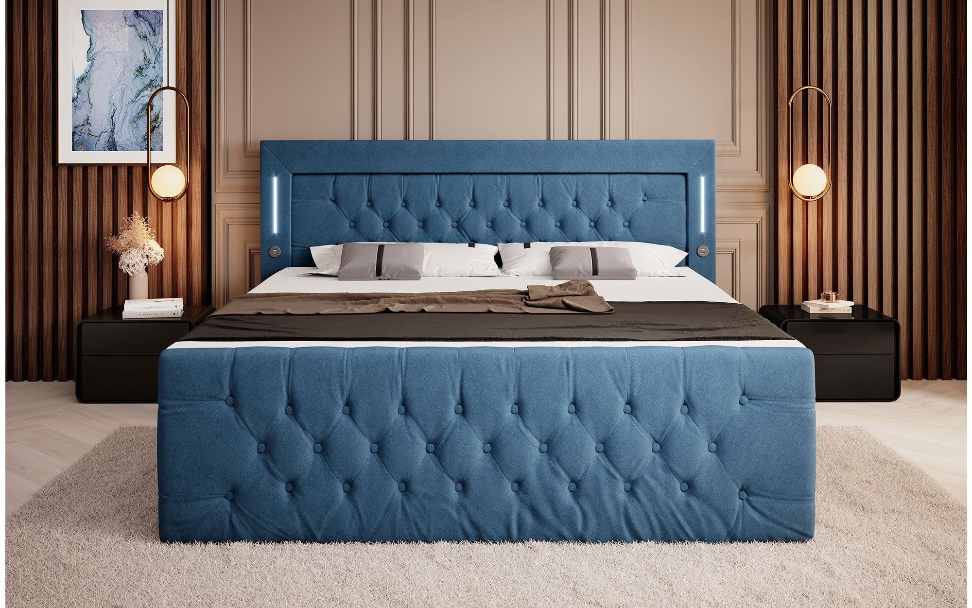 Elegance Boxspringbett Samt LED USB – Luxus Schlafzimmer mit Stauraum