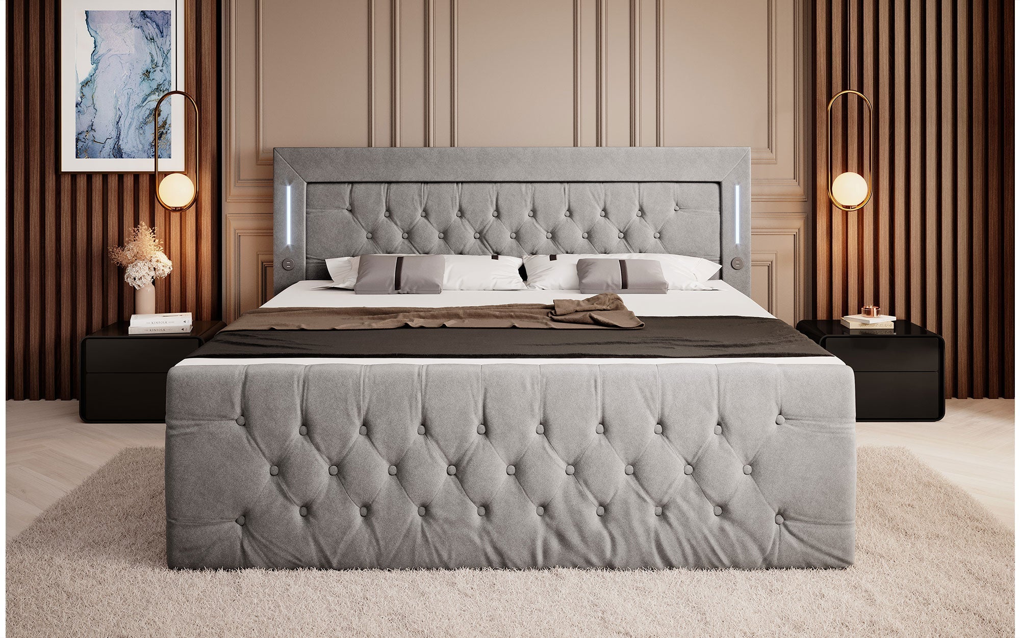 Elegance Boxspringbett Samt LED USB – Luxus Schlafzimmer mit Stauraum