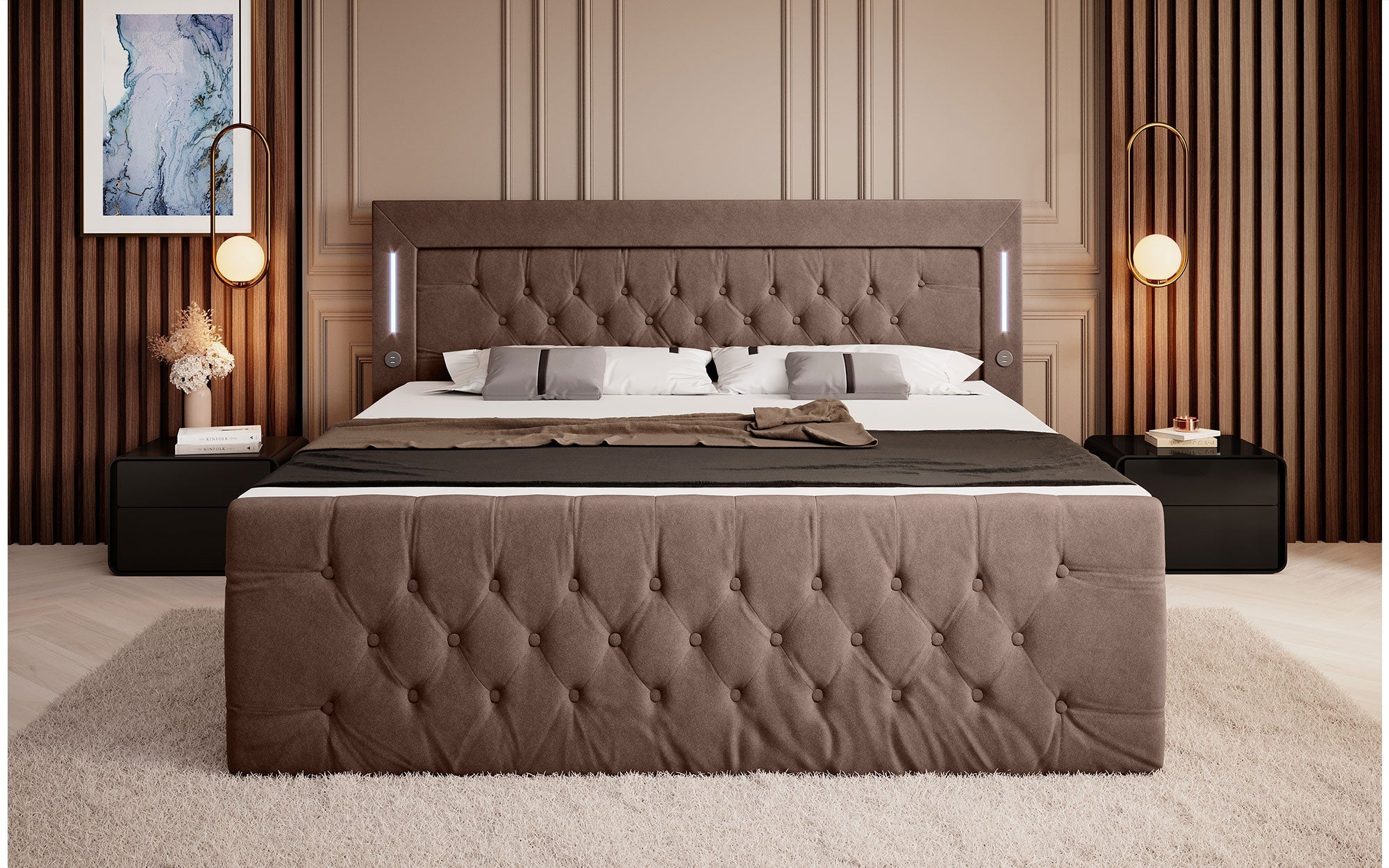 Elegance Boxspringbett Samt LED USB – Luxus Schlafzimmer mit Stauraum