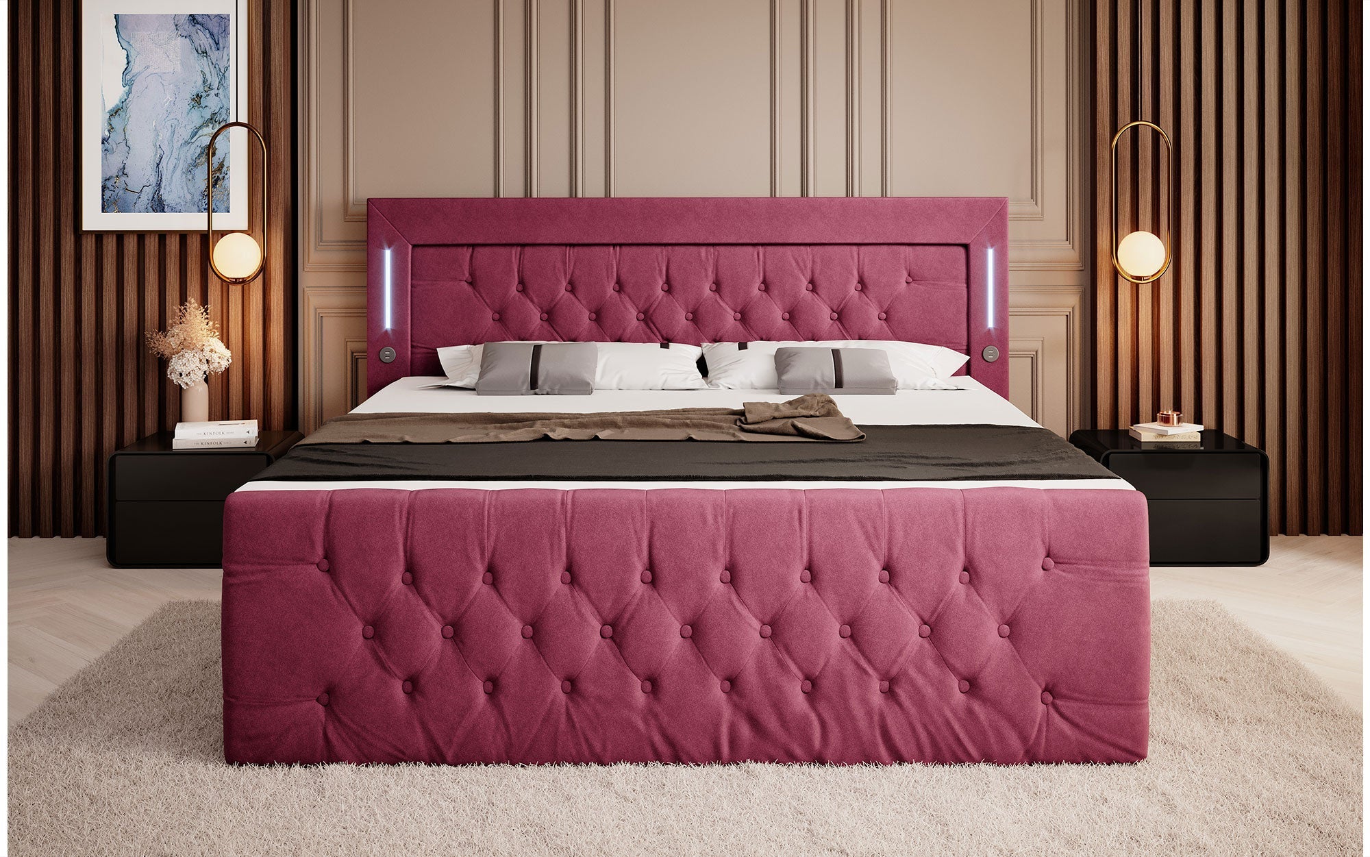 Elegance Boxspringbett Samt LED USB – Luxus Schlafzimmer mit Stauraum