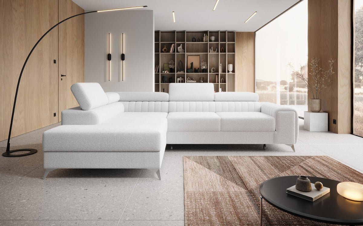 Luxuriöses L-förmiges Bouclé-Designsofa Aurea mit Schlaffunktion und Klappmechanismus