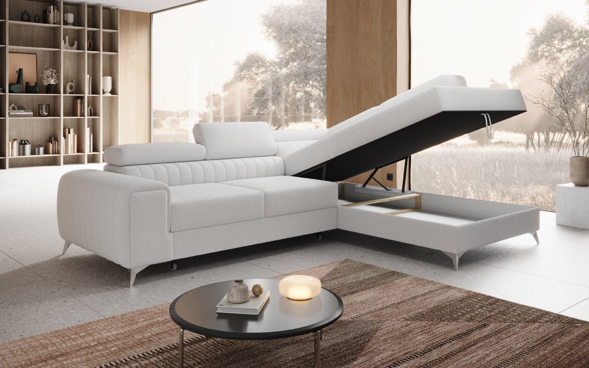Luxuriöses L-förmiges Bouclé-Designsofa Aurea mit Schlaffunktion und Klappmechanismus