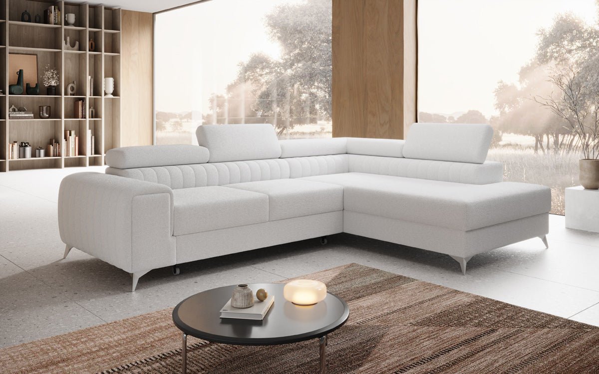 Luxuriöses L-förmiges Bouclé-Designsofa Aurea mit Schlaffunktion und Klappmechanismus