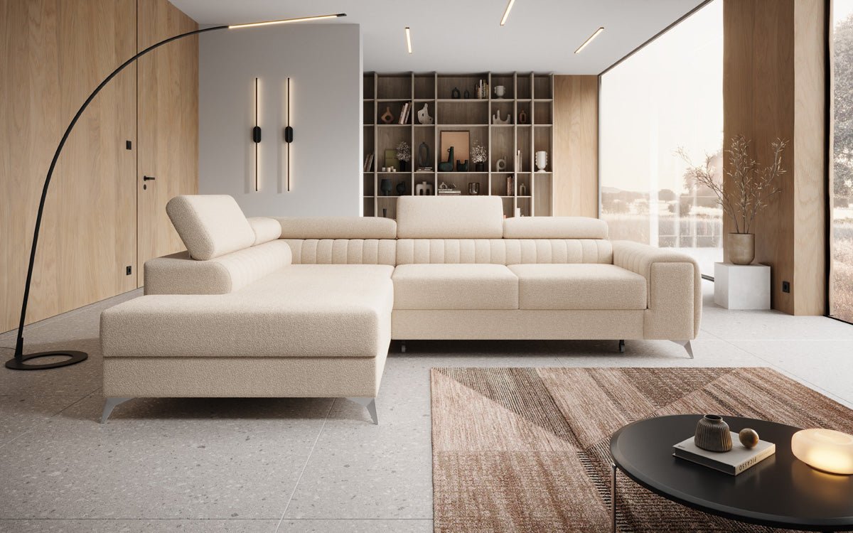 Luxuriöses L-förmiges Bouclé-Designsofa Aurea mit Schlaffunktion und Klappmechanismus